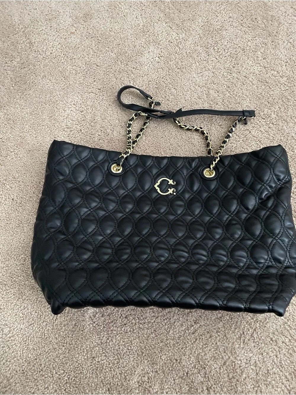 C. Wonder Quilted Black Tote with Gold Chain Handles